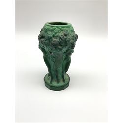 A Bohemian Art Deco malachite glass vase, relief decorated with nude female figures beneath fruiting and flowering vines, H13cm.