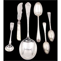 Group of silver, comprising Edwardian serving spoon, with embossed floral decoration to handle, hallmarked Walker & Hall, Sheffield 1907, pair of Hanoverian pattern picture back coffee spoons, depicting milkmaid to underside of bowls, hallmarked Thomas Bradbury & Sons (Turner Bradbury), London 1899, William IV fiddle pattern salt spoon, hallmarked John, Henry & Charles Lias, London 1833, Victorian teaspoon with beaded border, hallmarked John Round & Son Ltd, Sheffield 1898 and an Edwardian mother of pearl handled butter knife, with stylised silver terminal, and shaped and engraved silver blade, hallmarked C W Fletcher & Son Ltd, Sheffield 1907