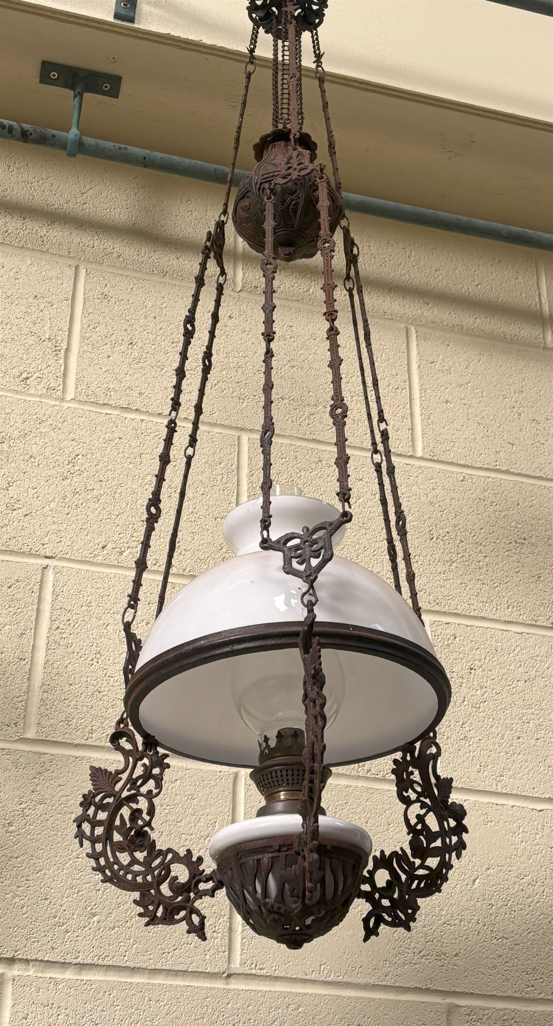 French Art Nouveau hanging oil lamp / chandelier, 19th century, the white ceramic reservoir, brass burner, and opaline glass domed shade supported by floral cast rise and fall frame. H110cm - COLLECTION BY APPOINTMENT FROM: The White House, Thirsk Road, Easingwold, York, YO61 3NF - CALL 01723 507111 TO ARRANGE