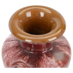 Linthorpe Pottery, pair of twin handled vases, with a purple glaze, H20cm