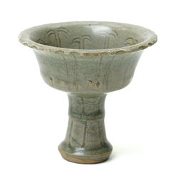 Chinese Ming dynasty Longquan celadon stem cup, of flared form rising from a splayed foot, incised decoration to stem and bowl, with fluted rim, unmarked, H10cm
