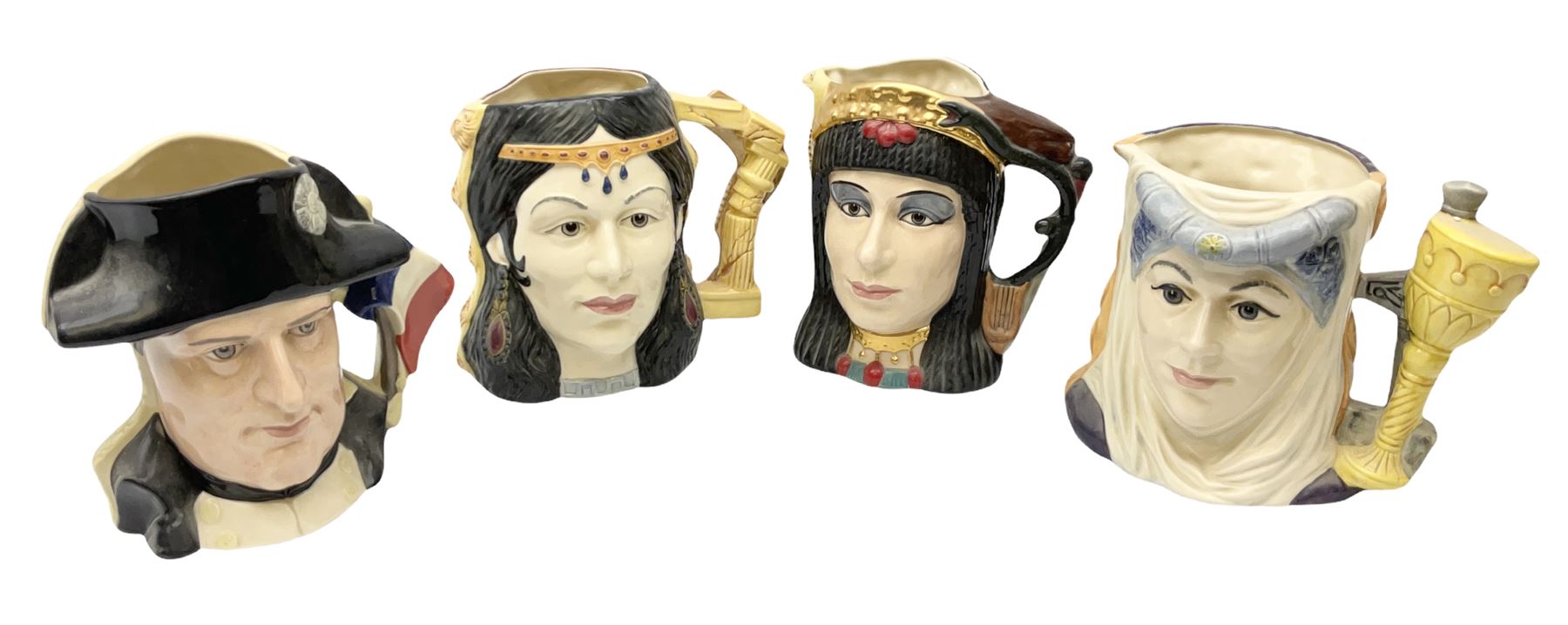 Royal Doulton double-sided character jugs from the Star Crossed Lovers Collection, comprising Napoleon & Josephine D6750, King Arthur & Guinevere D6836, Samson & Delilah D6787 and Antony & Cleopatra D6728