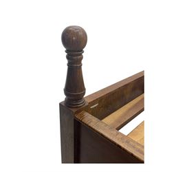 Contemporary mango wood bed frame, comprising an arched panelled headboard and footboard with inlaid geometric patterns, turned posts with spherical finials, and complete with side rails and slatted base