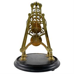 Brass skeleton clock, the single fusee movement with silvered Roman numeral dial, upon an ebonised circular base, missing the glass dome, H32cm