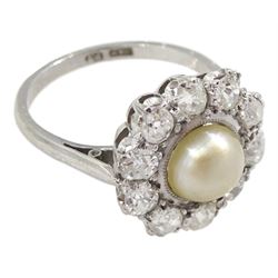 Platinum cultured split pearl and old cut diamond cluster ring, makers mark M & M, stamped PT, total diamond weight approx 0.85 carat