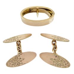 Pair of rose gold cufflinks with engraved decoration and rose gold scarf clip, both 9ct stamped