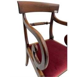 Seven early 19th century mahogany dining chairs - set six side chairs with scroll carved middle rails (W46cm), and a carver elbow chair with rope twist middle rail