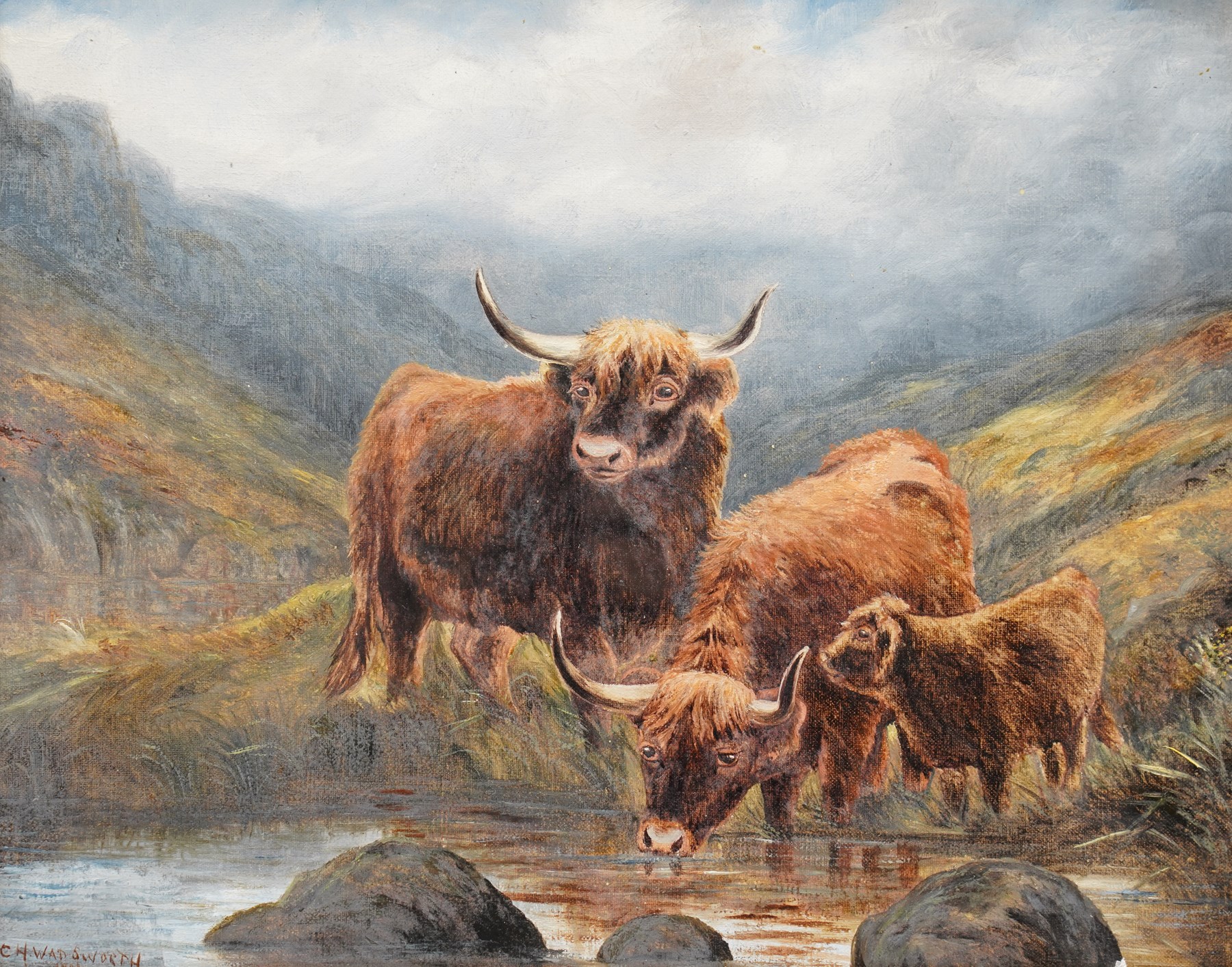 C H Wadsworth (British early 20th century): Highland Cattle Watering, oil on canvas signed 29cm x 37cm