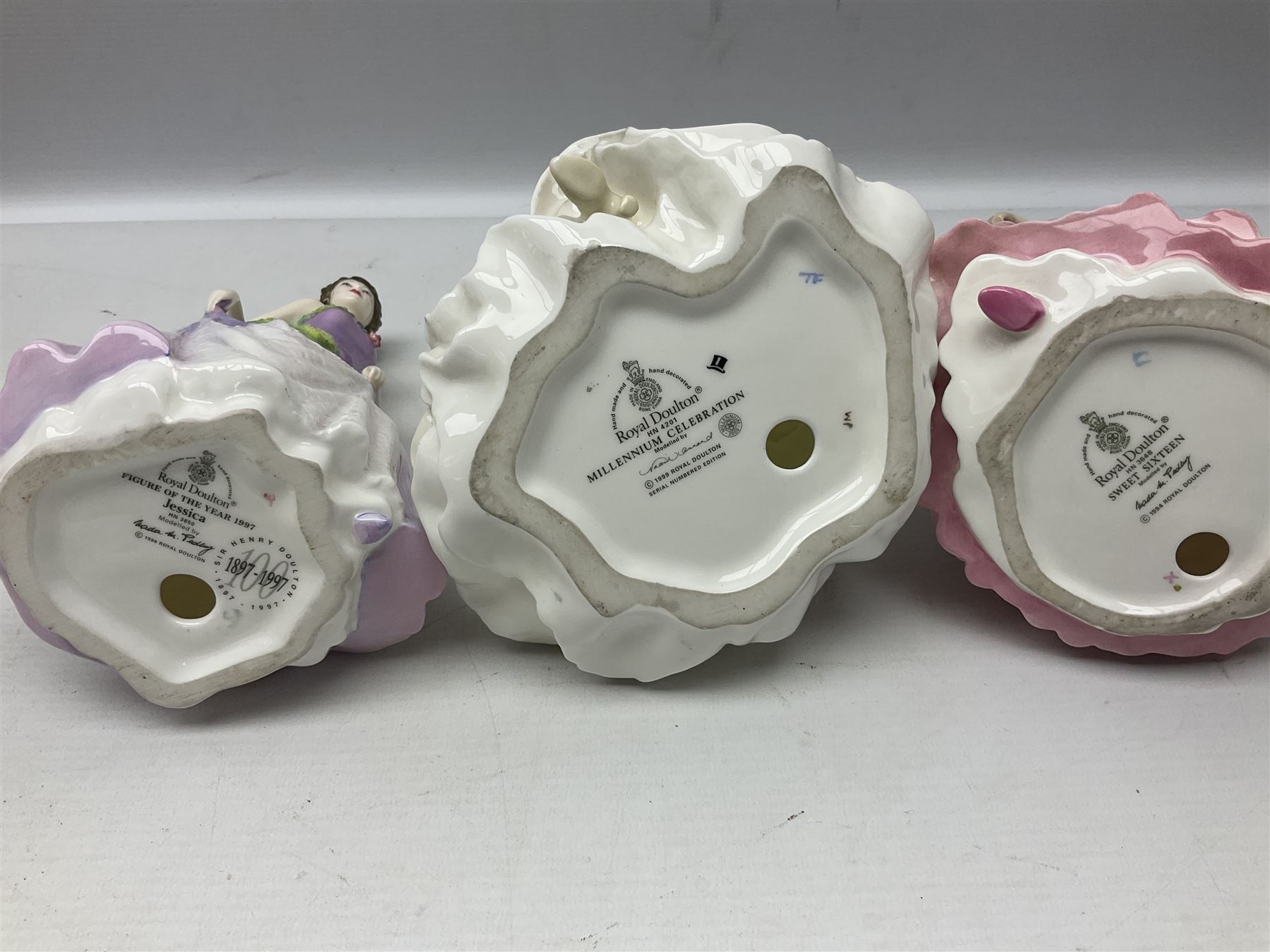 Six Royal Doulton figures, to include Mary Countess Howe no.HN3007, Sweet Sixteen no. HN3648, The Peggy Davies Collection Lily no.HN3902, four with original boxes 