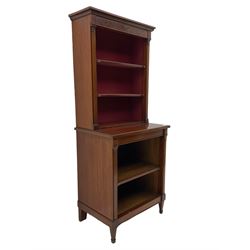 Edwardian mahogany open bookcase, three upper shelves with velvet lined interior, above single adjustable lower shelf