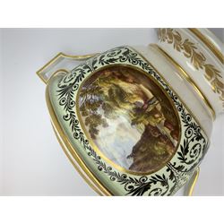 Early 19th century bough pot, probably Derby, of demilune form with twin handles and removable pierced cover, upon a spreading foot, decorated with a central oval hand painted panel of figures in a pastoral riverside landscape, with scrolling foliate surrounded and gilded foliate borders to the rim and foot, with painted mark beneath, H19cm L30.5cm