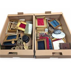 Brass easels, onyx box, frames, costume jewellery, pen nibs, etc, in two boxes