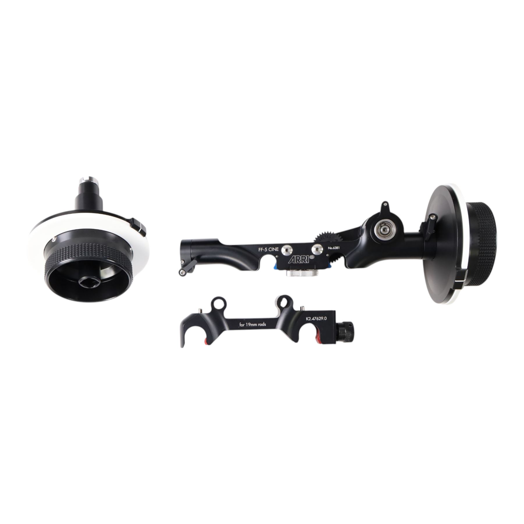 Arri FF5 Follow Focus Kit, comprising follow focus adapters for 19mm and 15mm rods, left side and right sides knobs, twelve marking discs, short whip with knob and toffee hammer, contained within a Peli 1500 case