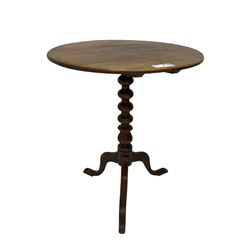 19th century mahogany tripod table, circular top on turned column with three splayed supports (D56cm, H66cm); early 20th century oak three tier coffee table (56cm x 56cm, H60cm); 20th century wooden and metal bound 'Fassina's French Laundry' trunk (W62cm) (3)