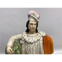 Group of Victorian and later Staffordshire style figures, to include two dogs, Prince upon horse back, horse with pink lustre patches, tall figure of a man beside his dog etc, tallest H41cm