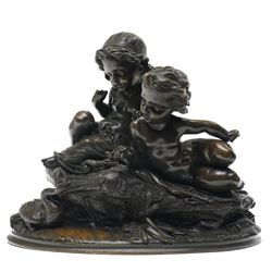French School (20th Century); bronze depicting putti feeding a swan from a rock, unsigned, H26cm 