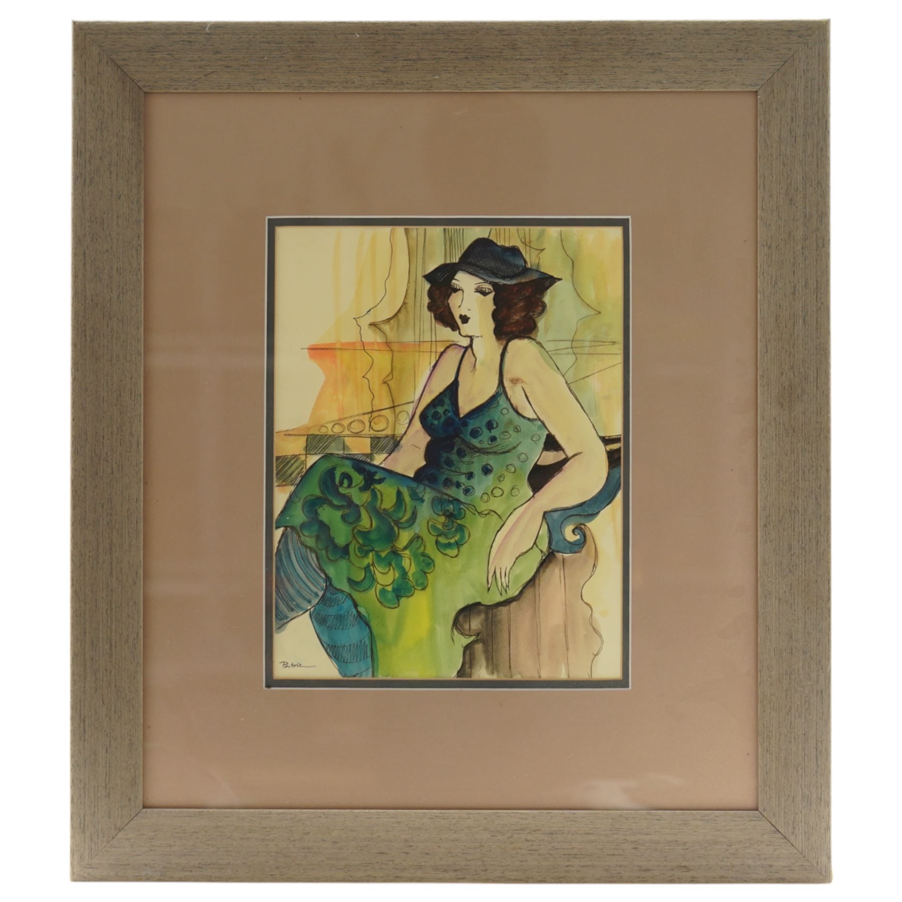 Patricia Govezensky (Israeli 1961-): Lady in a Green Dress, watercolour signed 32cm x 24cm