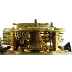 18th century silver pair cased verge fusee pocket watch by John Berry, London, No. 750, Egyptian pillars, pierced and engraved balance cock with scallop shell decoration, silver champleve dial with gilt border, Roman hours and outer Arabic minute ring, steel beetle and poker hands, dial signed Berry London