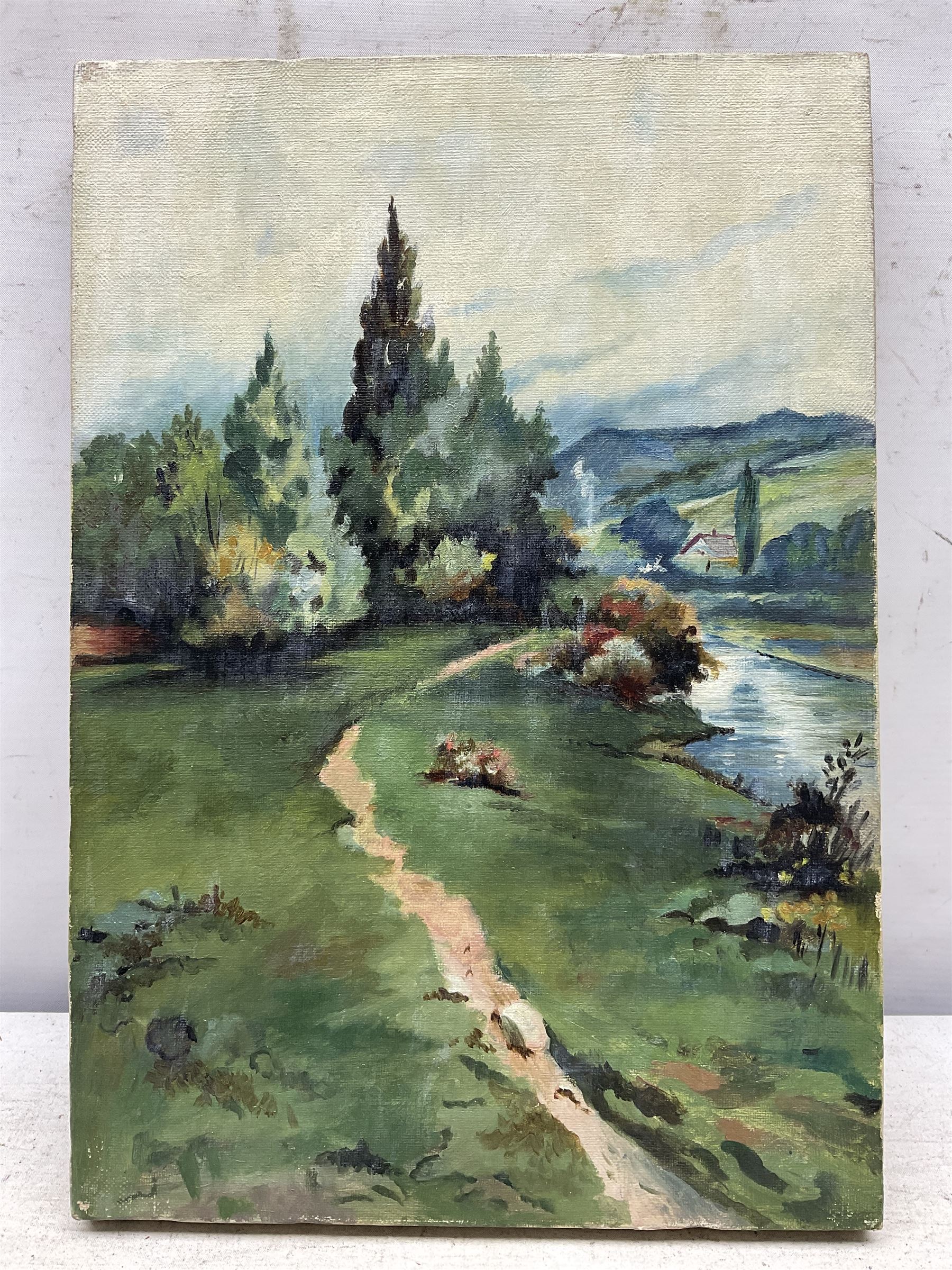 Charles Cutts Elmhirst (Staithes Group 1872-1937): River Landscape near Thorne, oil on canvas unsigned 33cm x 23cm 