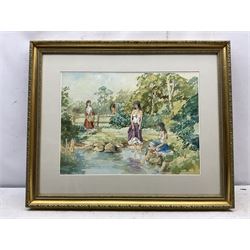 Mark Cook (Chester 1868-1951): 'The Rock Garden - Heron Bridge', watercolour signed and dated 1930, titled on label verso 24cm x 31cm; Barry Claughton (British 20th century): Ladies at the Pond, watercolour signed 35cm x 48cm; Cliff Oldfiend (British Contemporary): 'A Walk in Silpho', watercolour signed, titled verso 25cm x 37cm (3)