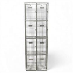 Mid-20th century industrial wire mesh locker, comprising eight compartments with hinged doors and metal label plates, galvanised finish 