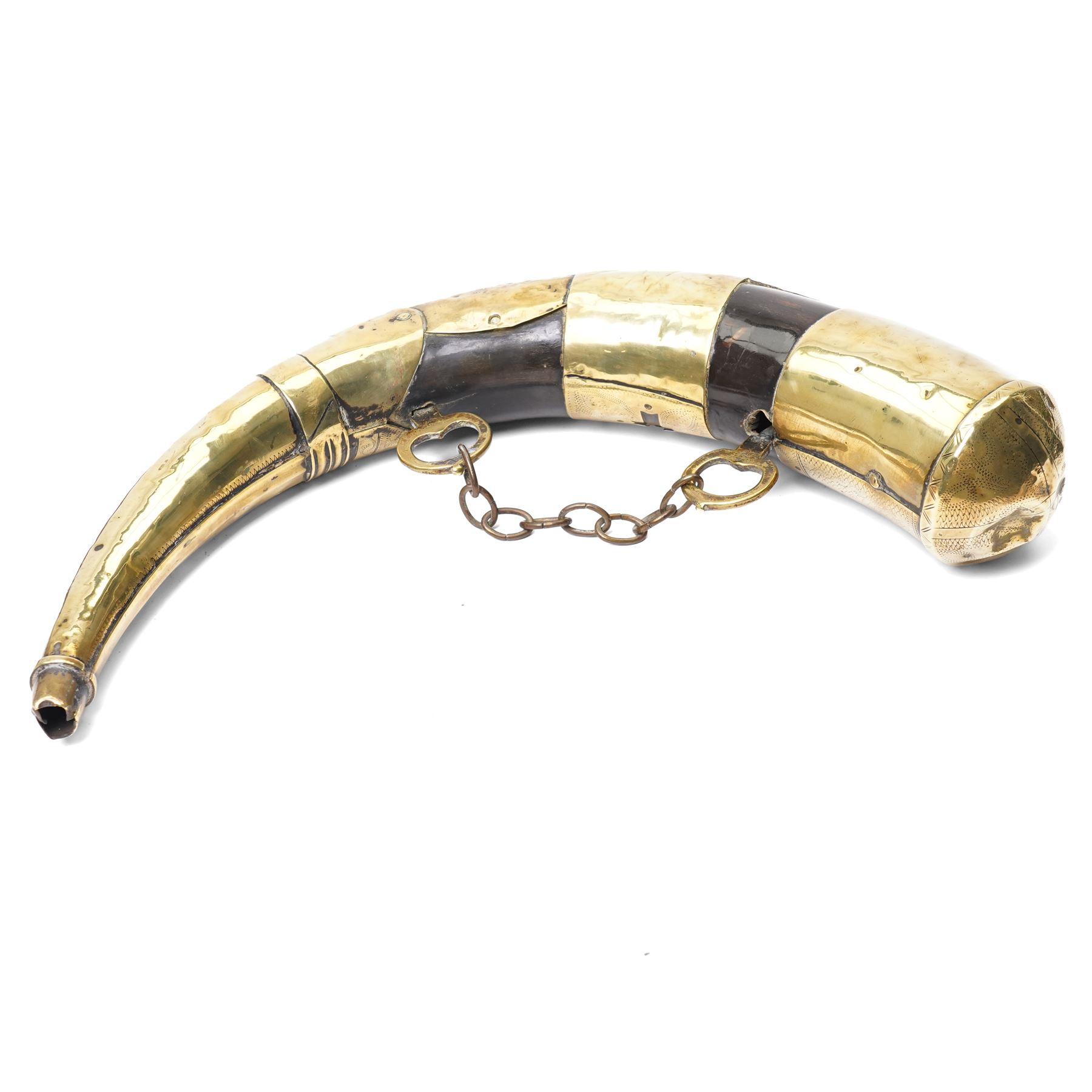 Leg of mutton leather shotgun case L78cm and a North African brass and horn powder horn
