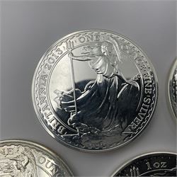 Five Queen Elizabeth II United Kingdom one ounce fine silver Britannia two pound coins dated 2012, 2013, 2014, 2015 and 2016