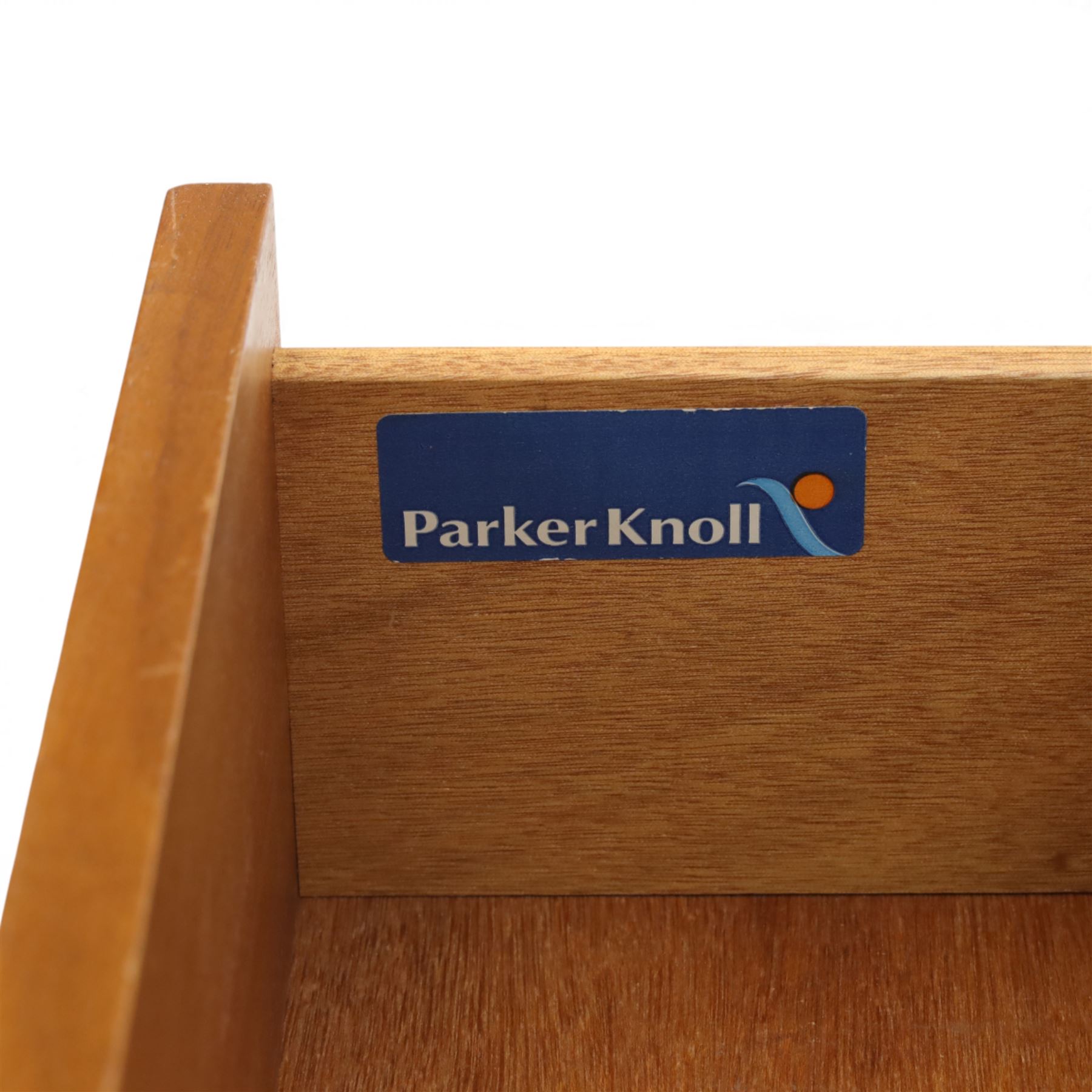 Parker Knoll - teak bureau, sloped fall front enclosing fitted interior, over two short drawers and two panelled cupboard doors