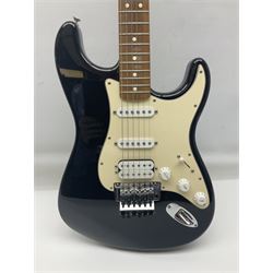Mexican Fender Stratocaster electric guitar in black c2003 with Floyd Rose tremolo system, serial no.MZ3129600; L98cm; in Freestyle fitted case with 2006 Diamond Anniversary booklet