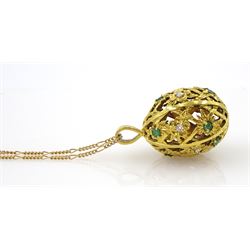 Igor Carl Faberge for Franklin Mint 14ct gold emerald and round brilliant cut diamond egg pendant, London import mark 1984, boxed