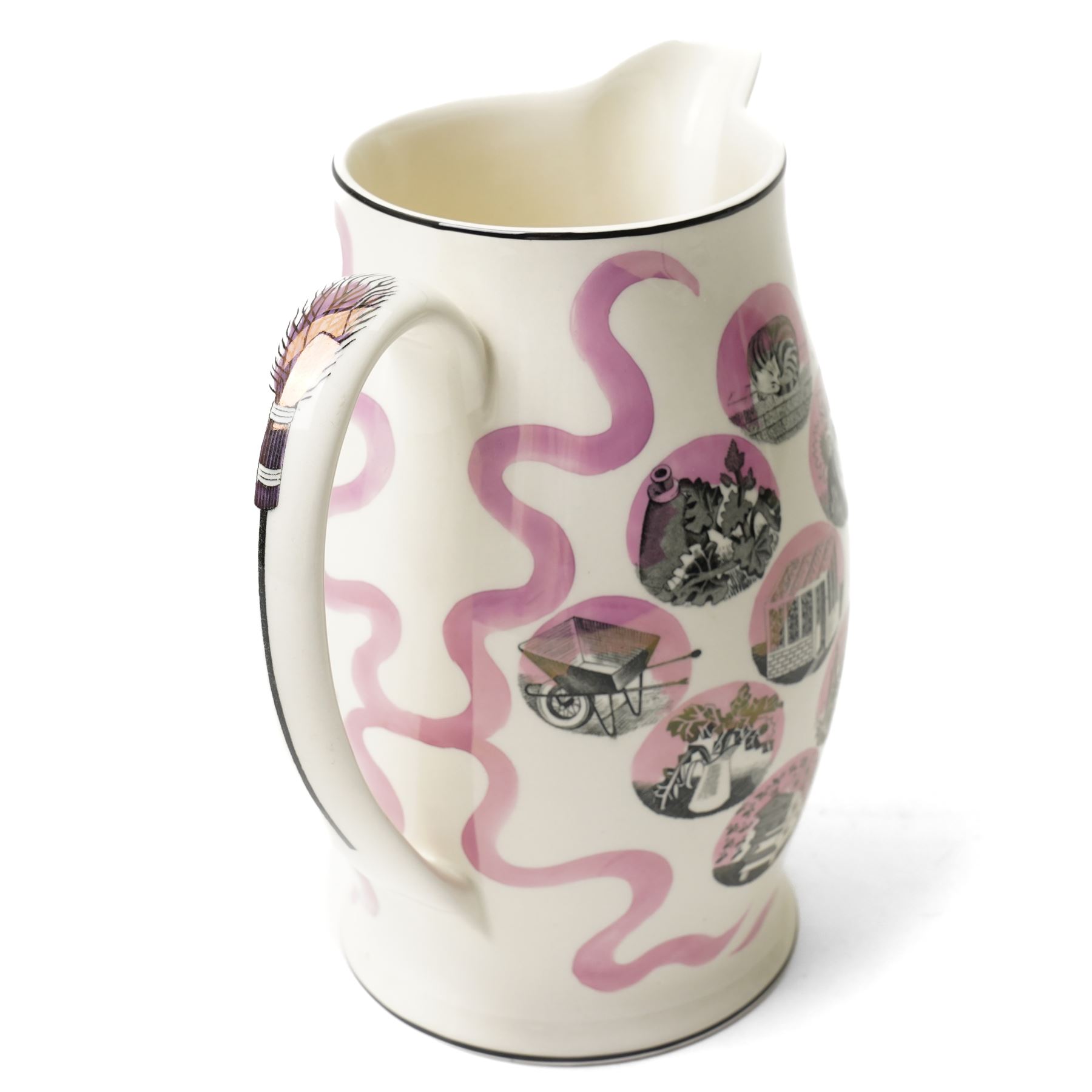 Eric Ravilious (British 1903-1942) for Wedgwood, a 'Garden Implements' Queen's ware jug with transfer printing, hand painting and lustre, printed and impressed marks to base, H20cm