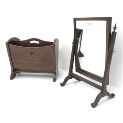 Edwardian mahogany toilet swing mirror, reeded supports on scrolling feet (W43cm, H58cm) and a mahogany magazine rack(W44cm, H39cm, D29cm)