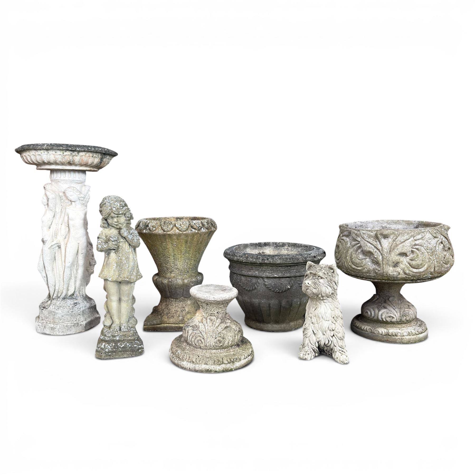 Collection of decorative cast stone garden pieces, comprising three graces bird bath, three urn planters, urn base, figure of girl and a Scottie dog (7)