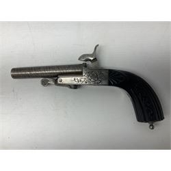 Mid-19th century French Boissy 12mm single barrel pin-fire pistol, the 9.5cm rifled barrel with brown stub twist damascus decoration, side screw under lever opening and English proof marks, retailed by H. Akrill Beverley, chased action with drop-down trigger and carved walnut stock L21cm