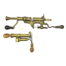 Two 19th century brass 12-bore cartridge making tools comprising bench mounting Bartram & Co Patent 'Nimrod' re-loader and J.C. Cocker Patent 5535 redecapper with turned wooden rammer (2)