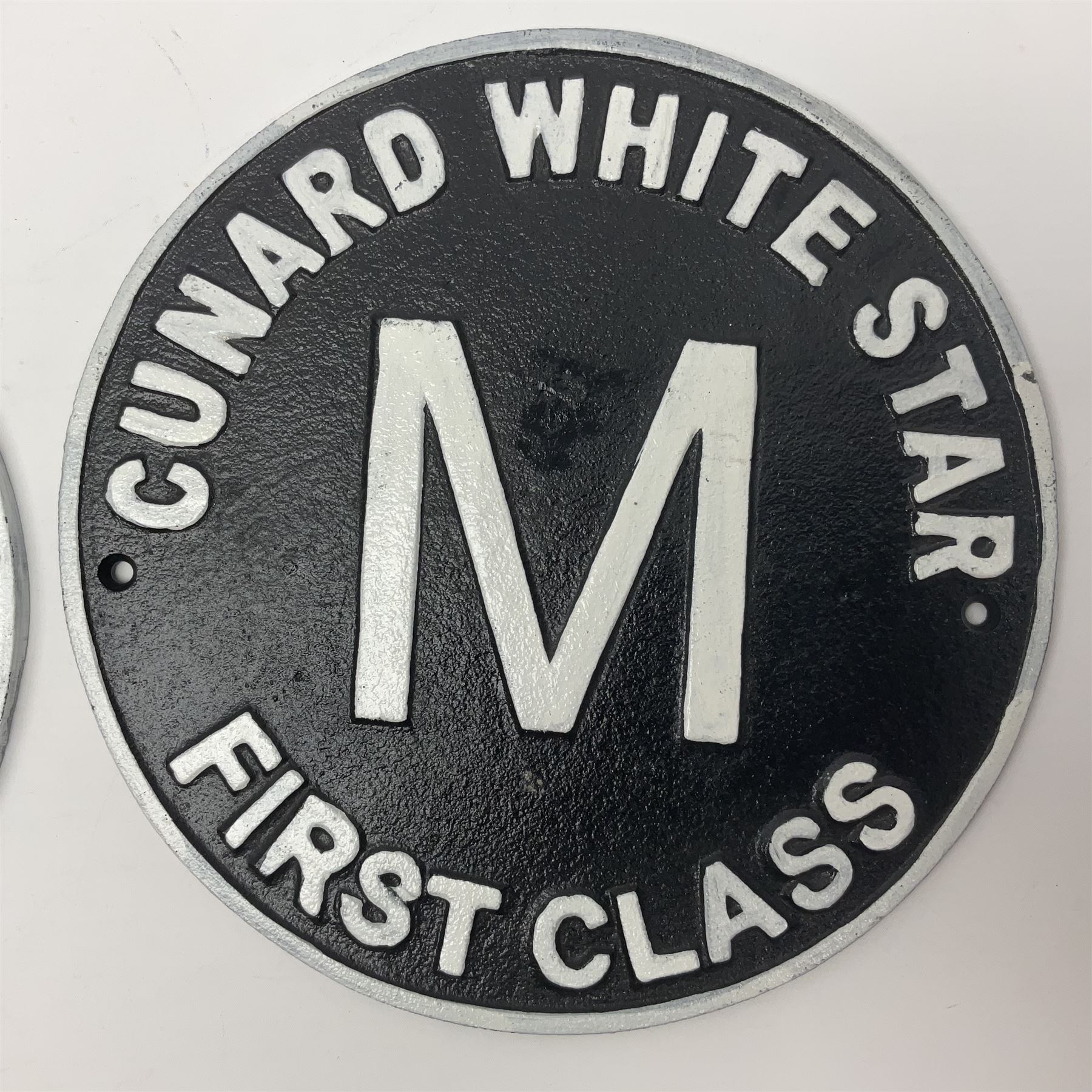 Pair of reproduction cast iron Cunard White Star signs, D25cm 