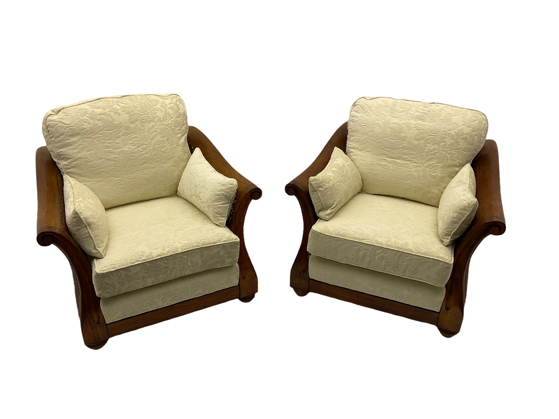 Multi-York - Hardwood framed bergère lounge suite, three seat sofa (W204cm), and pair matching armchairs (W90cm), upholstered in cream floral pattern fabric 