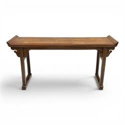 Chinese elm altar table, rectangular plank top with galleried sides, raised on reeded squa...