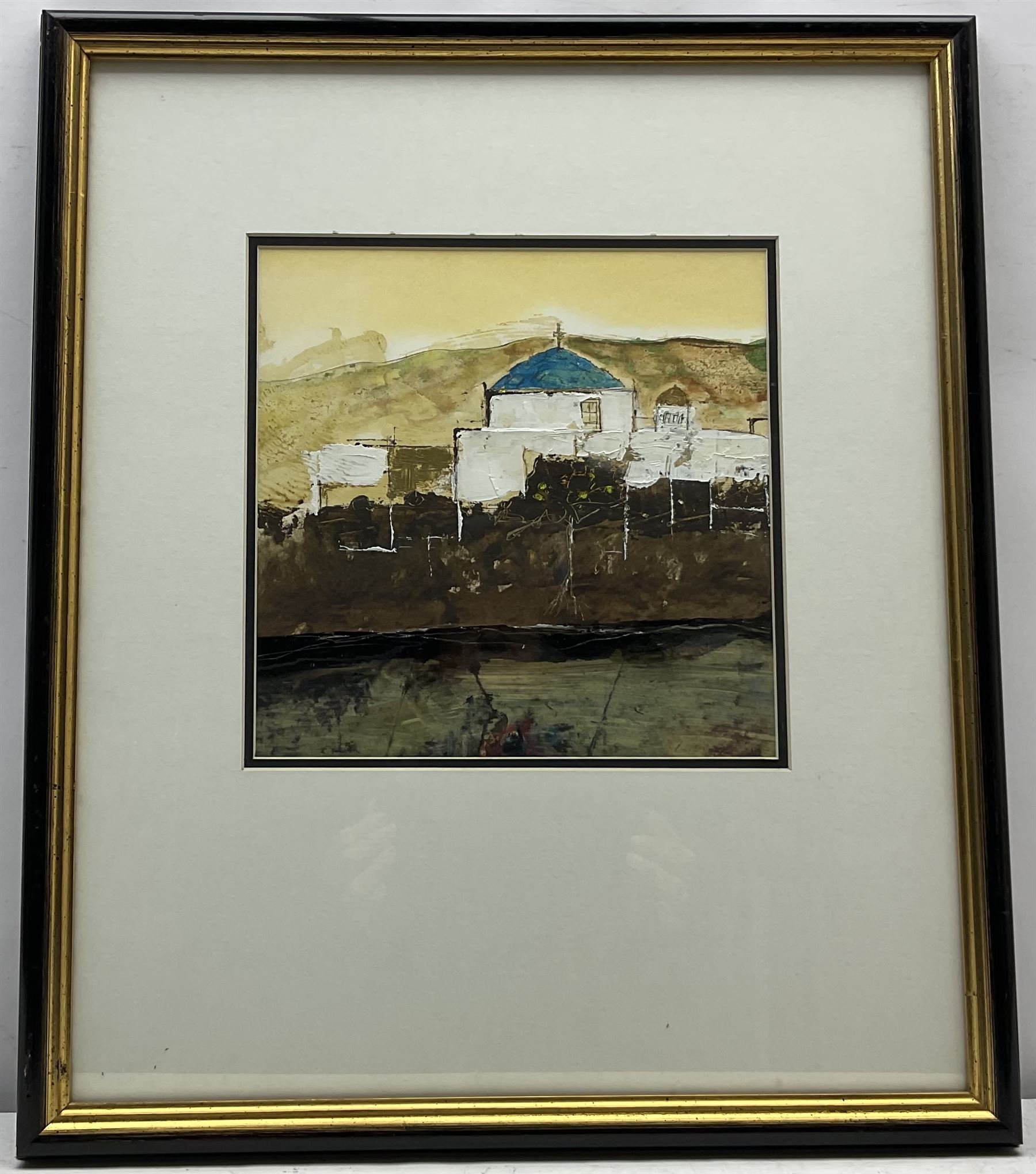 Leo McDowell R.I. (British 1936-2011): 'Byzantine Church - The Cyclades Greece' and 'Byzantine Church Cyprus', pair mixed medias one signed, titled and dated 1985 verso 23cm x 24cm (2)