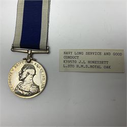 George V Naval Long Service and Good Conduct Medal awarded to K19570 J.L. Honeysett L. Sto. H.M.S. Royal Oak; and George V Territorial Force Efficiency Medal awarded to 312762 Ftr. S/Sjt. D. Newton R.G.A.; both with ribbons (2)