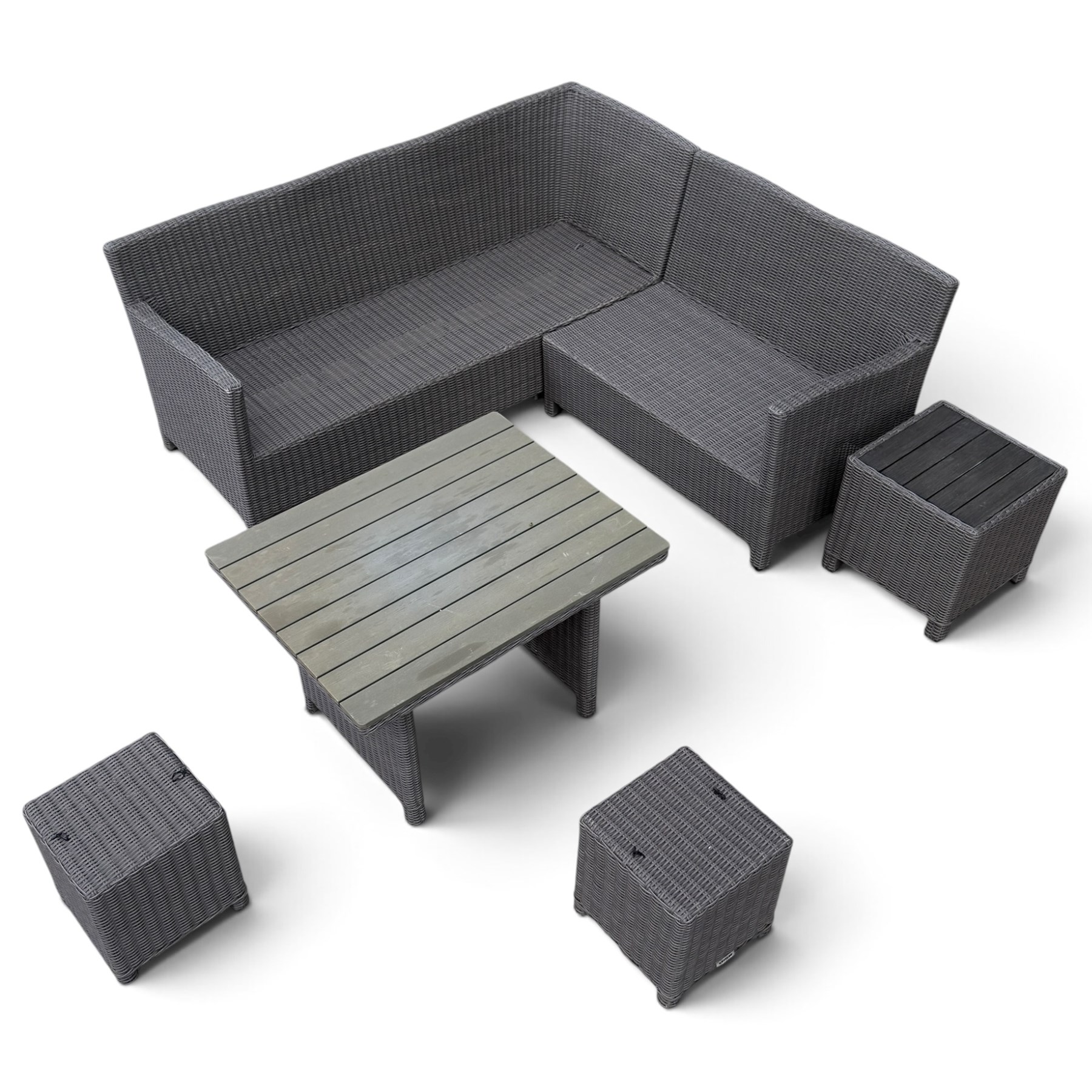Kettler - Palma rattan garden lounge suite, comprising modular corner sofa (DIM) with slatted and rattan garden table on end supports (DIM), and three stools (DIM), with loose seat cushions