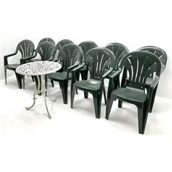Set ten dark green plastic stacking garden chairs (W55cm) and a metal garden table (D62cm, H72cm)