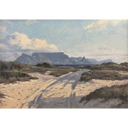Hannes Meintjes (South African 1944-): Road towards the Mountains,  oil on canvas mounted on board signed 29cm x 49xm 