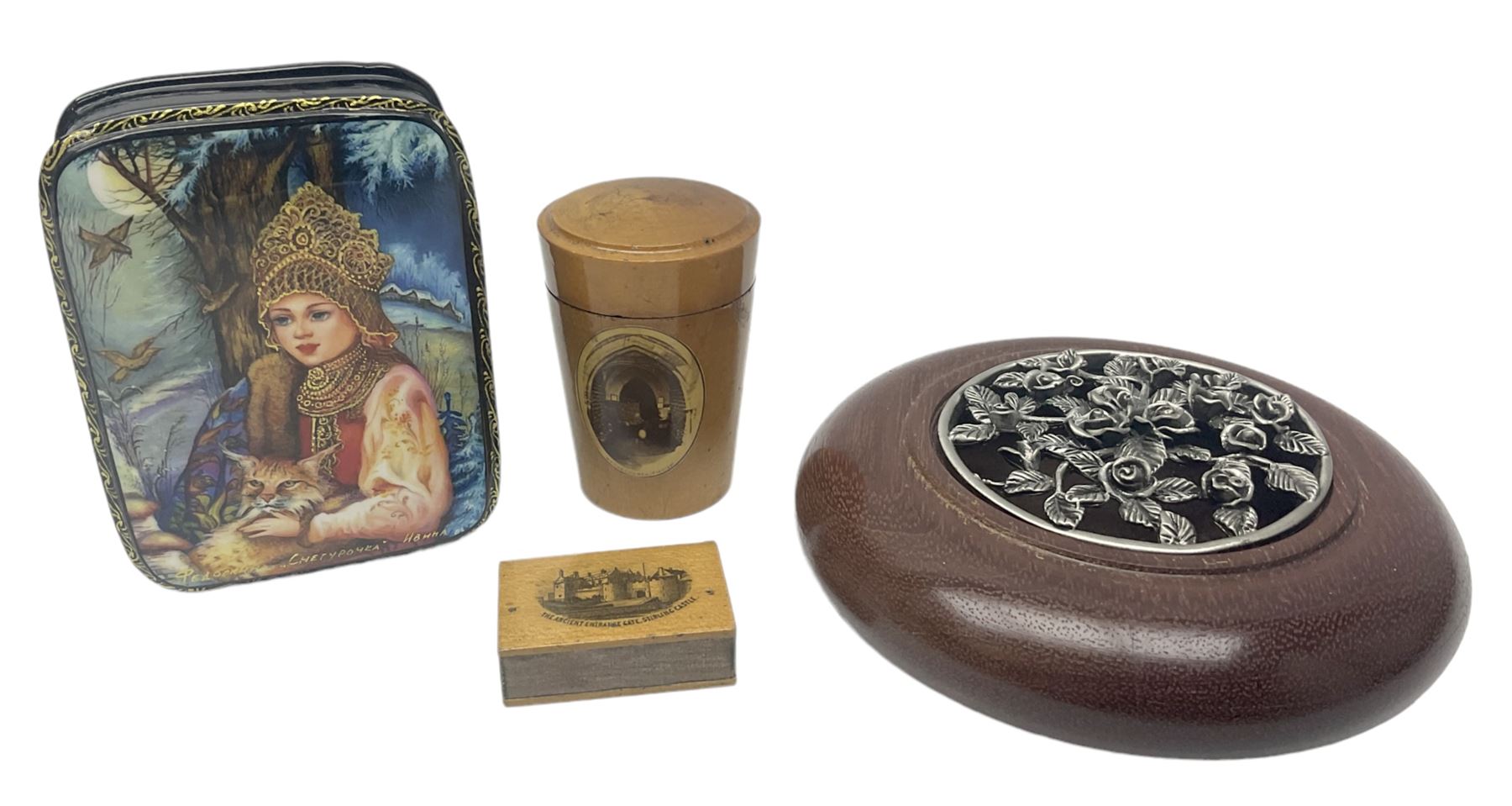 Two Mauchline ware boxes, comprising case modelled as a book depiciting The Ancient Entrance Gate, Stirling Castle, and lidded jar depicting Hythe Church, The Crypt, together with Russian lacquer box and other wood pot pourri bowl
