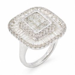 White gold diamond cluster ring, pave set with princess cut, baguette cut and round brilliant cut diamonds, hallmarked 9ct, total diamond weight 3.40 carat