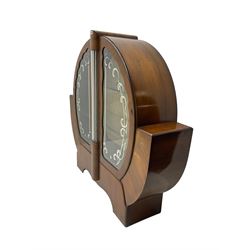 Art Deco walnut display cabinet, of circular design, fitted with two shaped glazed doors enclosing two glass shelves, flanking five glass rods