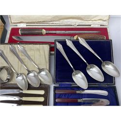 Cased antler handled carving set, other cased cutlery, WMF set of spoons; and WMF napkin ring