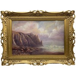 English School (Late 19th century): Cornish Cliffs, oil on panel signed with monogram JH in impressive swept gilt frame with moulded decoration 60cm x 91cm