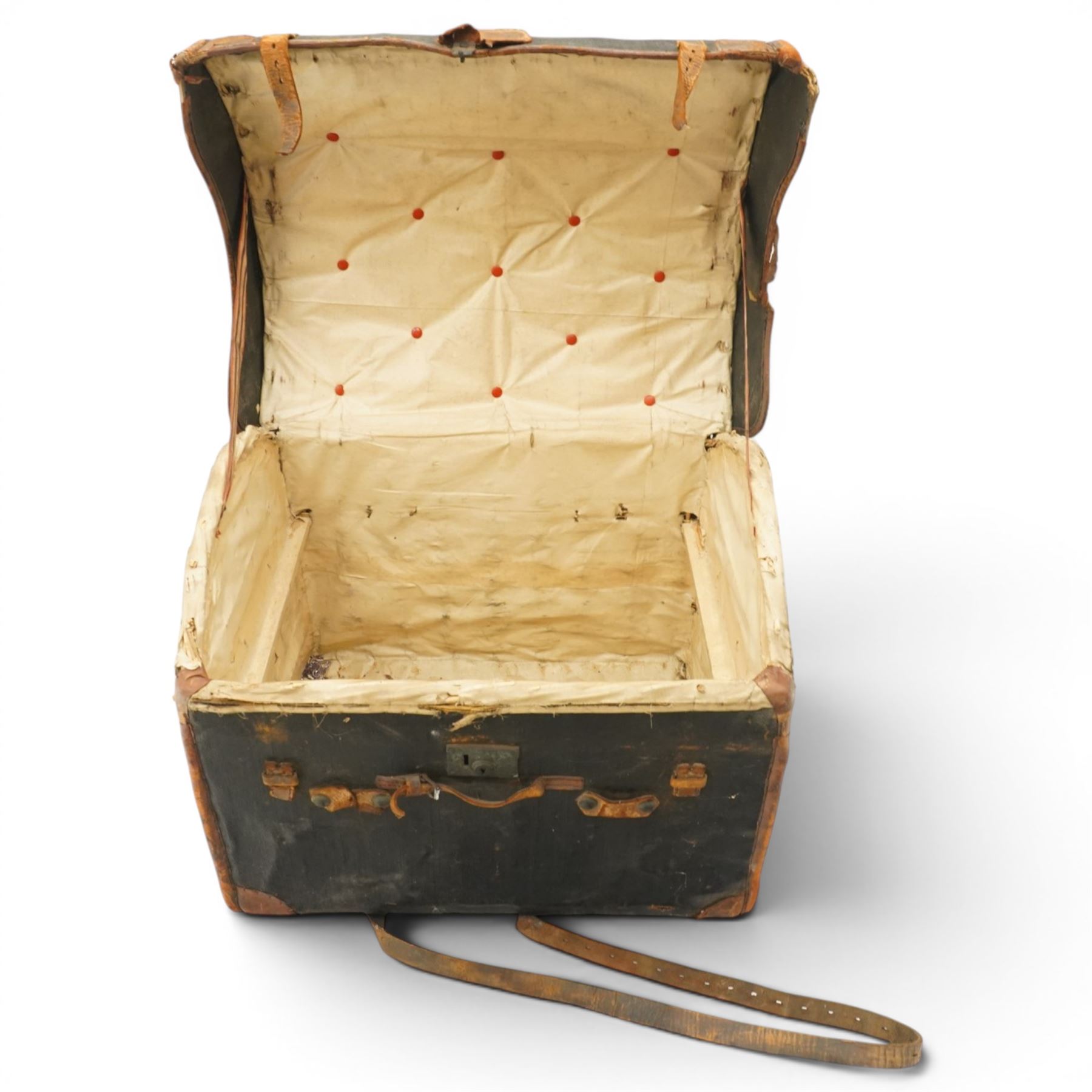 19th century leather and oak bound dome-top trunk with Waterloo and other affixed travel labels