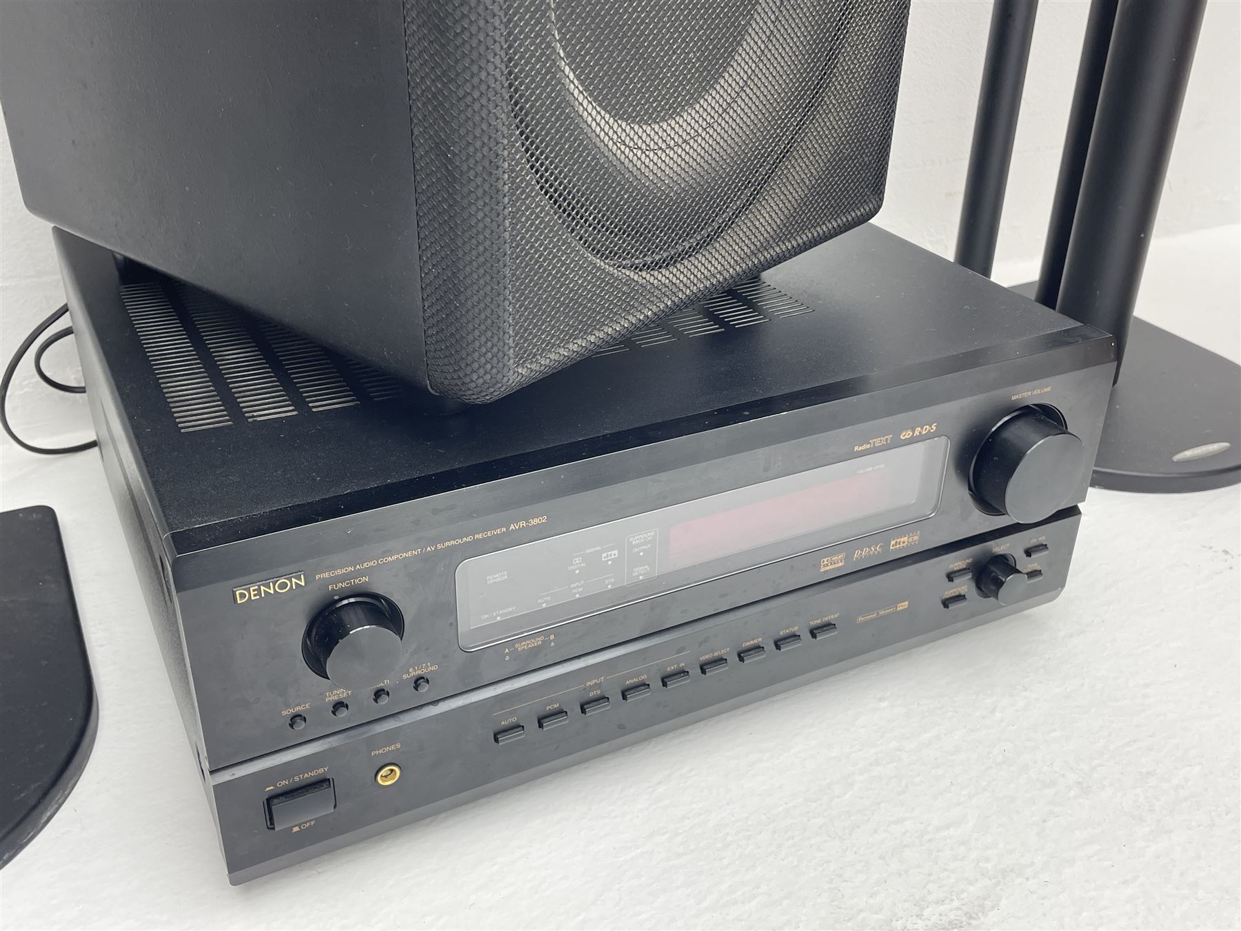 Stereo System - Denon AVR-3802 amplifier, Ral Q201E subwoofer, pair AE AEGISEVO THREE speakers, pair AE AEGISEVO ONE speakers on stands and AE AEGISEVO centre
